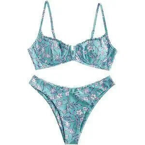 Women's Underwire Bikini Floral High Cut Bikini Set V-Wired Two Piece Swimsuit